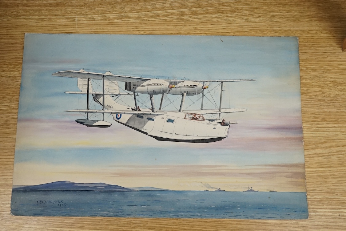 A F D Bannister, set of four original watercolours for postcard designs, 1930's RAF aircraft to include Hawker Hart fighters, Fairey Hendon Bomber and Super Marine Scapa Flying Boat, two signed and dated 1935, 30 x 46cm,